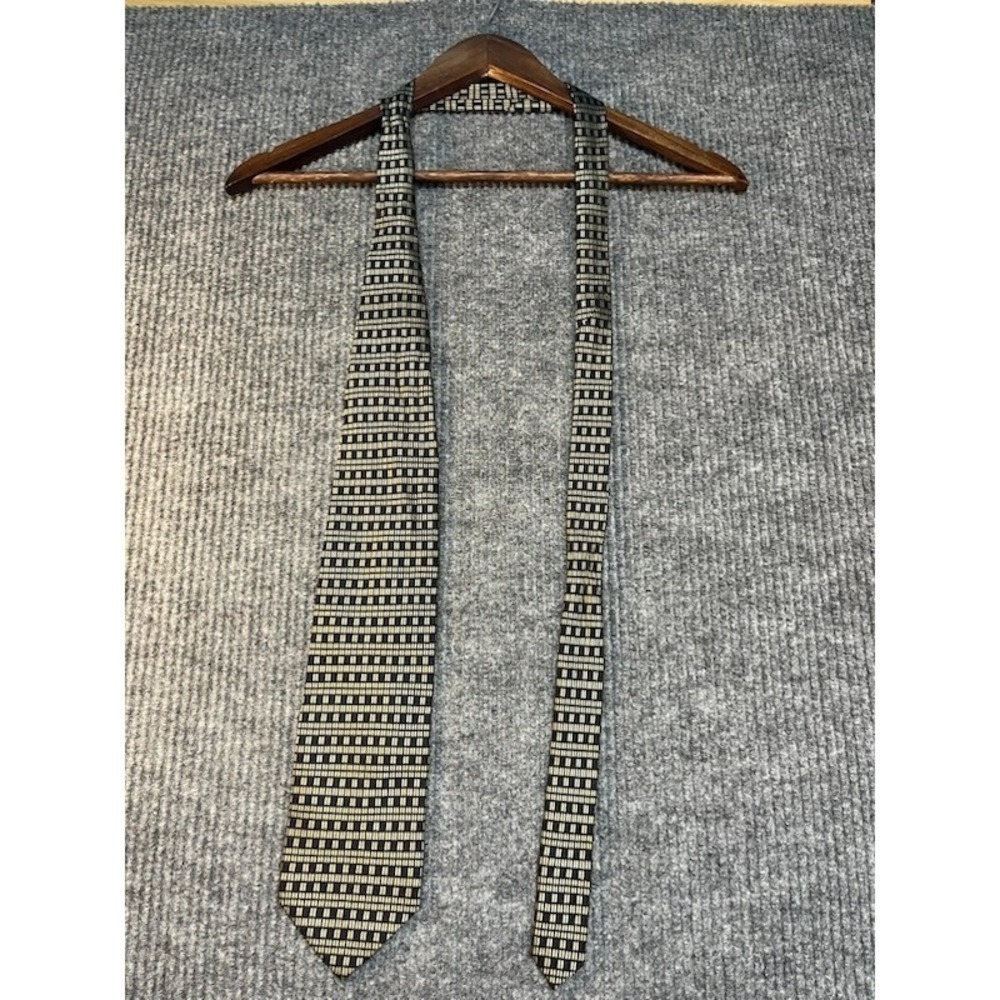 RBM Collection Mens Silk Tie Black Gold Geometric Grid Pattern Hand Made 4 Inch